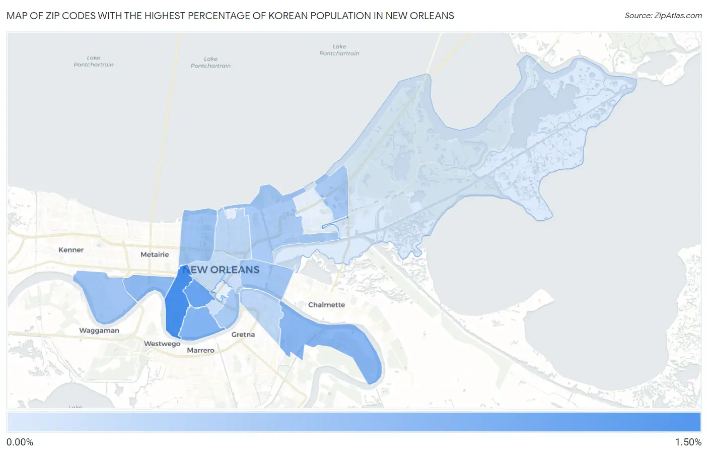 Zip Codes with the Highest Percentage of Korean Population in New Orleans Map