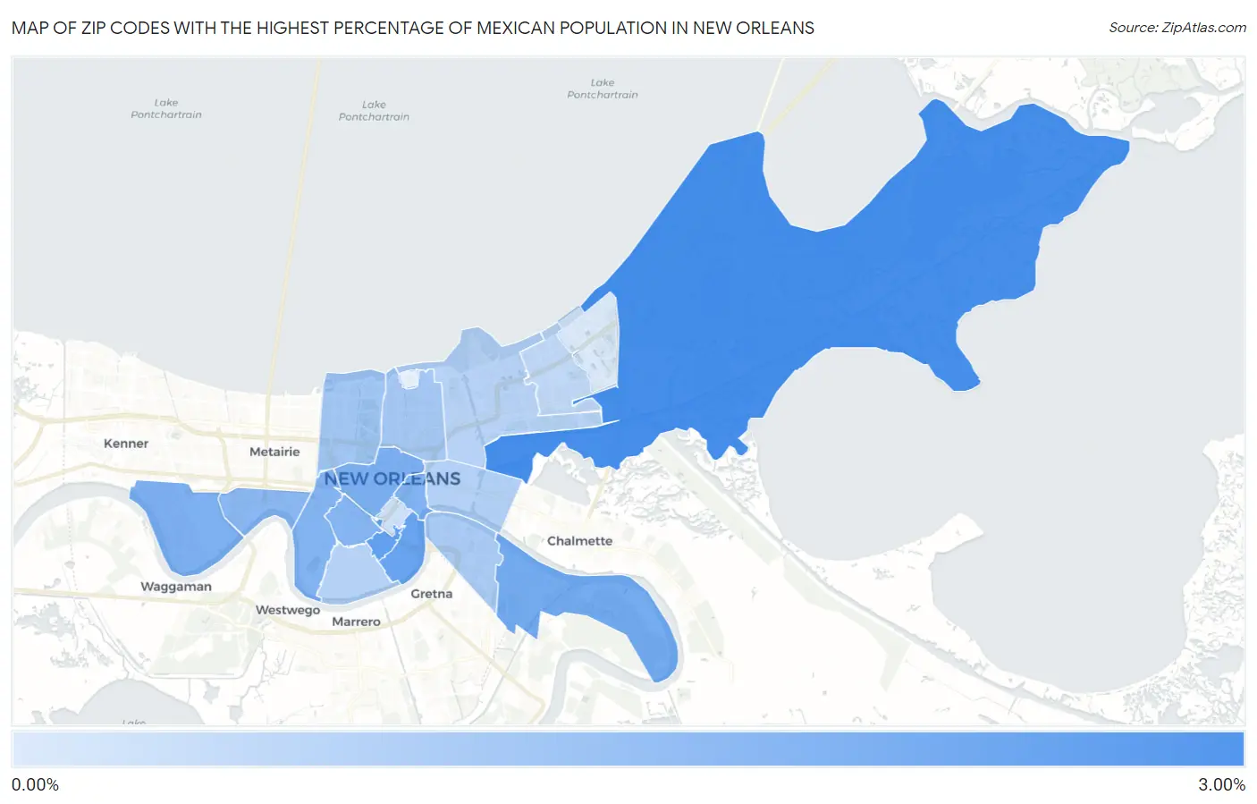 Zip Codes with the Highest Percentage of Mexican Population in New Orleans Map