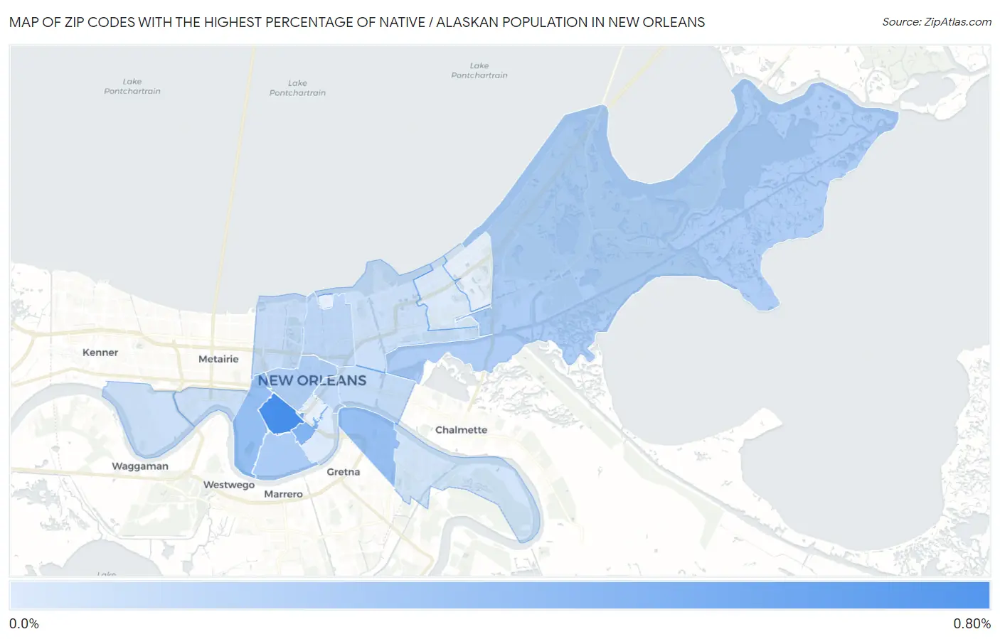 Zip Codes with the Highest Percentage of Native / Alaskan Population in New Orleans Map