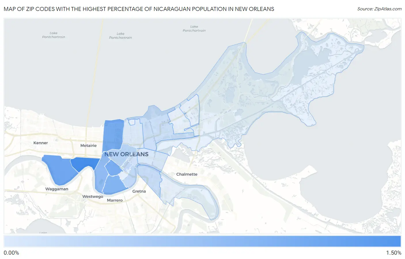 Zip Codes with the Highest Percentage of Nicaraguan Population in New Orleans Map