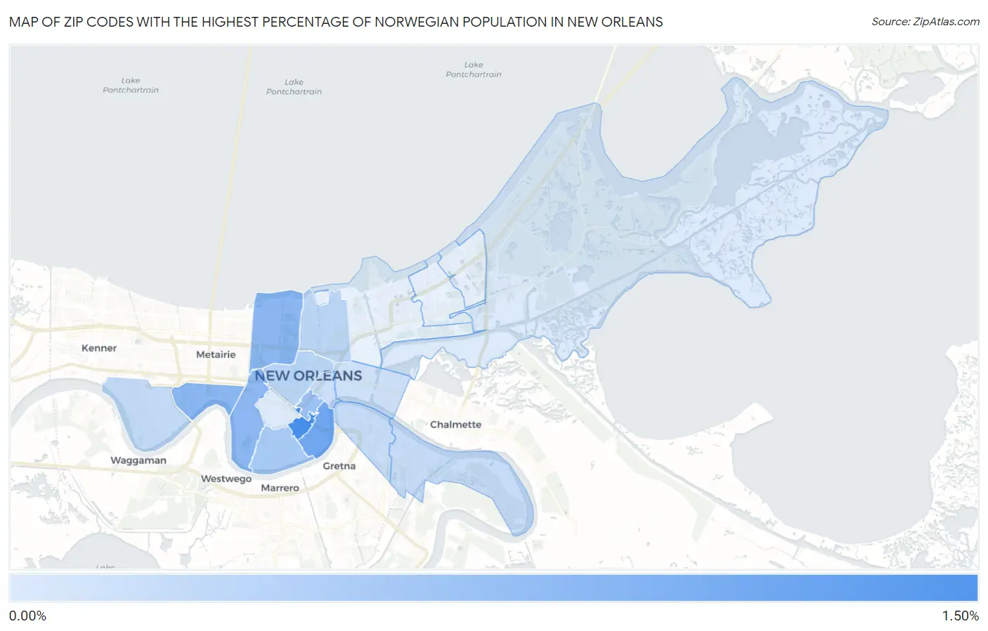 Zip Codes with the Highest Percentage of Norwegian Population in New Orleans Map