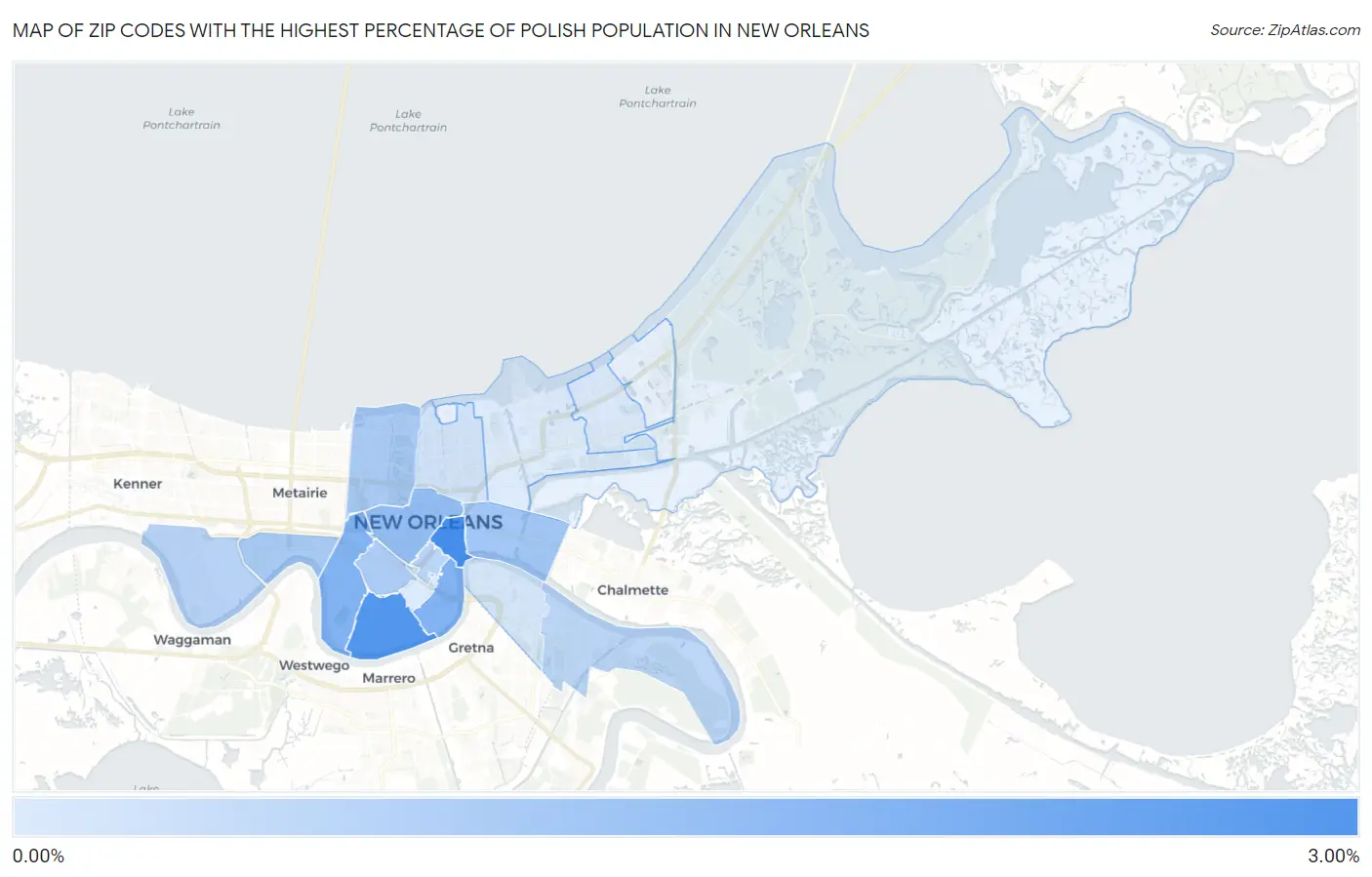 Zip Codes with the Highest Percentage of Polish Population in New Orleans Map
