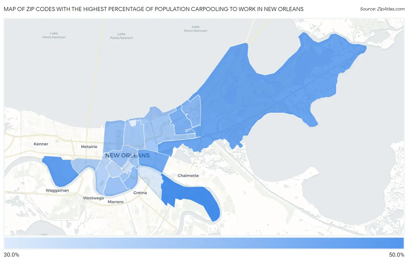 Zip Codes with the Highest Percentage of Population Carpooling to Work in New Orleans Map