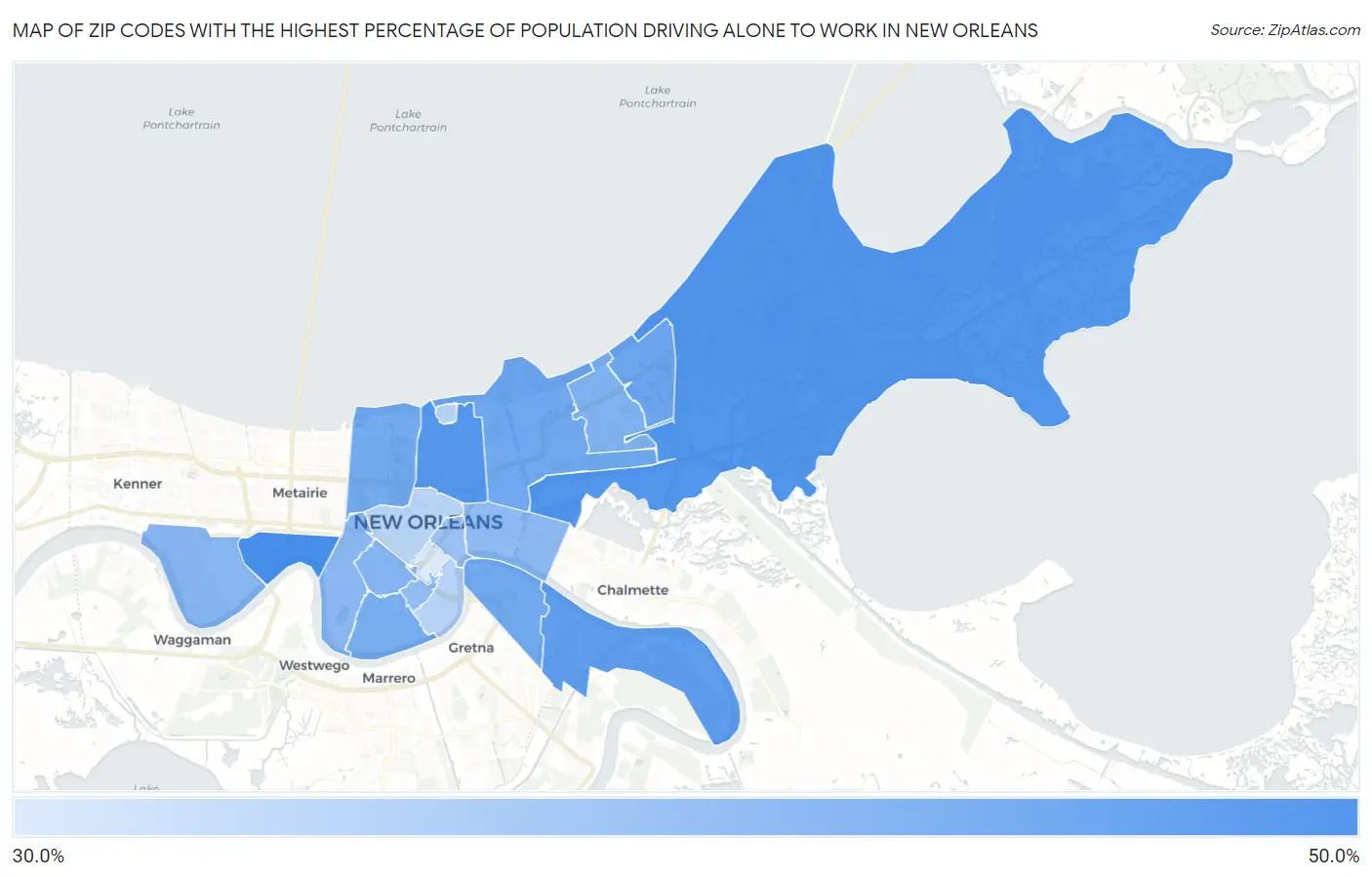 Zip Codes with the Highest Percentage of Population Driving Alone to Work in New Orleans Map