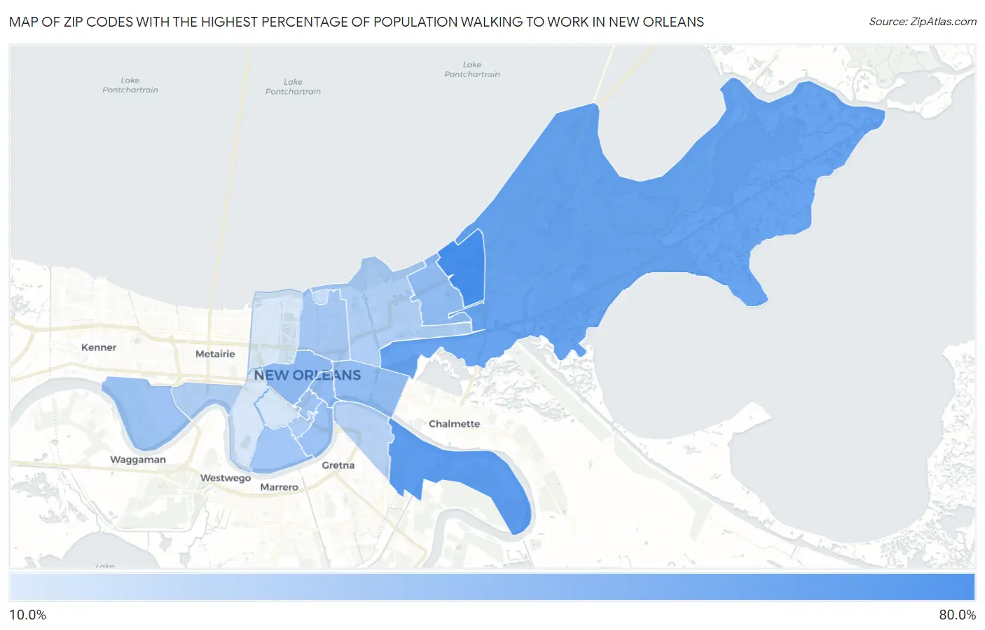 Zip Codes with the Highest Percentage of Population Walking to Work in New Orleans Map