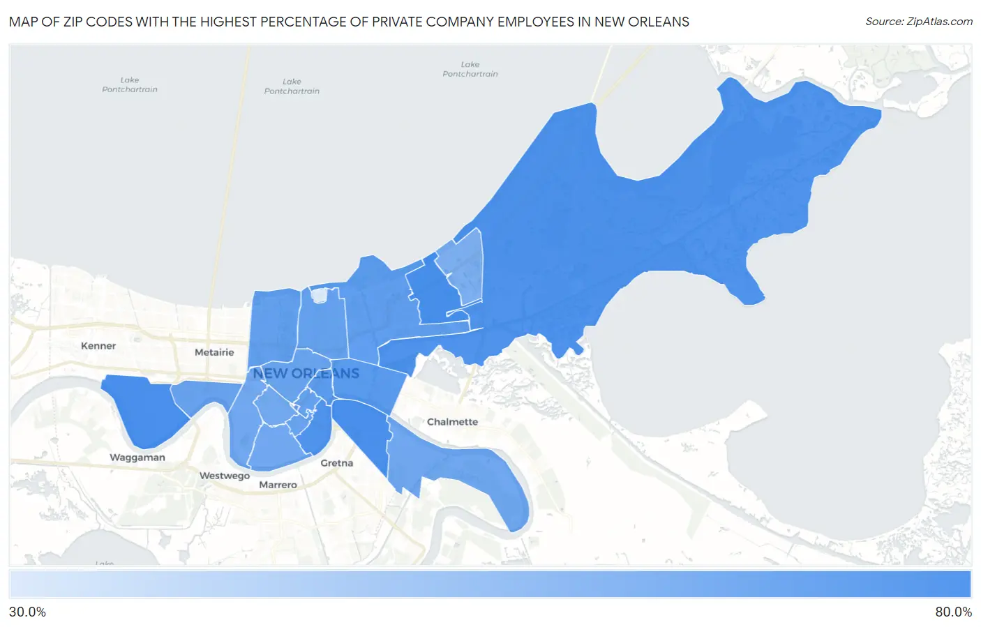 Zip Codes with the Highest Percentage of Private Company Employees in New Orleans Map