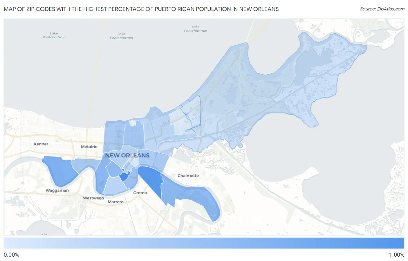 Zip Codes with the Highest Percentage of Puerto Rican Population in New Orleans Map