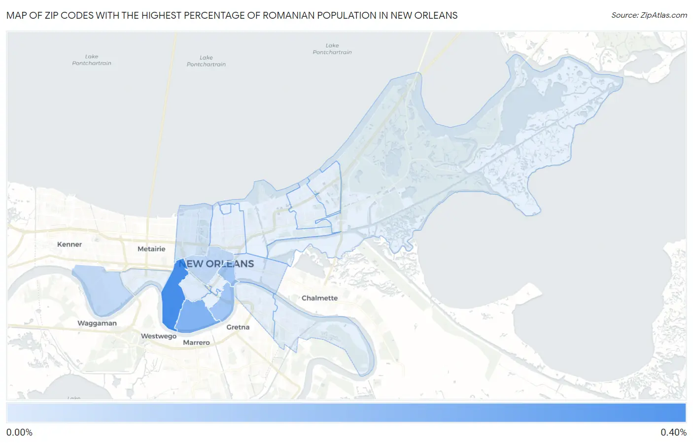 Zip Codes with the Highest Percentage of Romanian Population in New Orleans Map