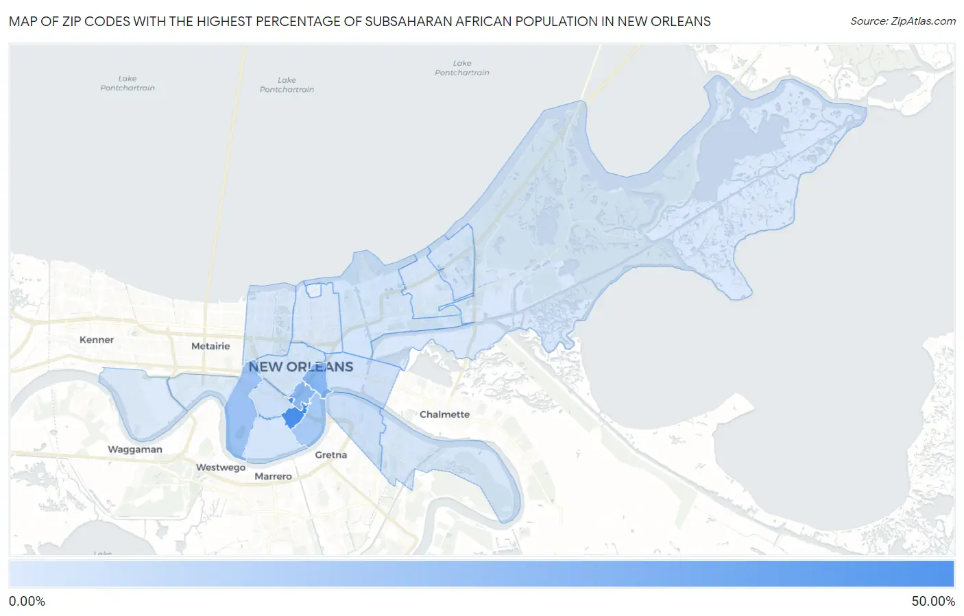 Zip Codes with the Highest Percentage of Subsaharan African Population in New Orleans Map