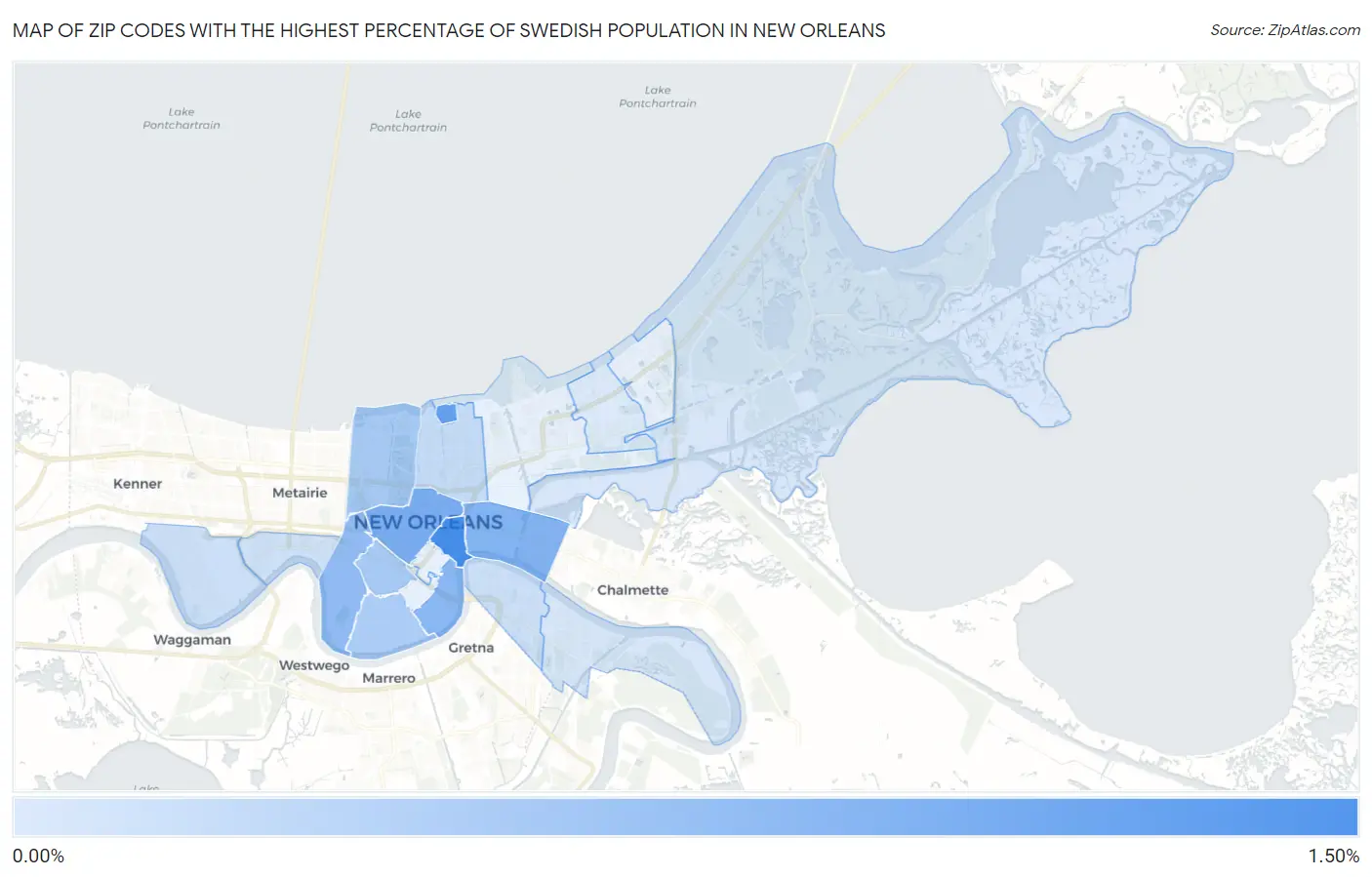 Zip Codes with the Highest Percentage of Swedish Population in New Orleans Map