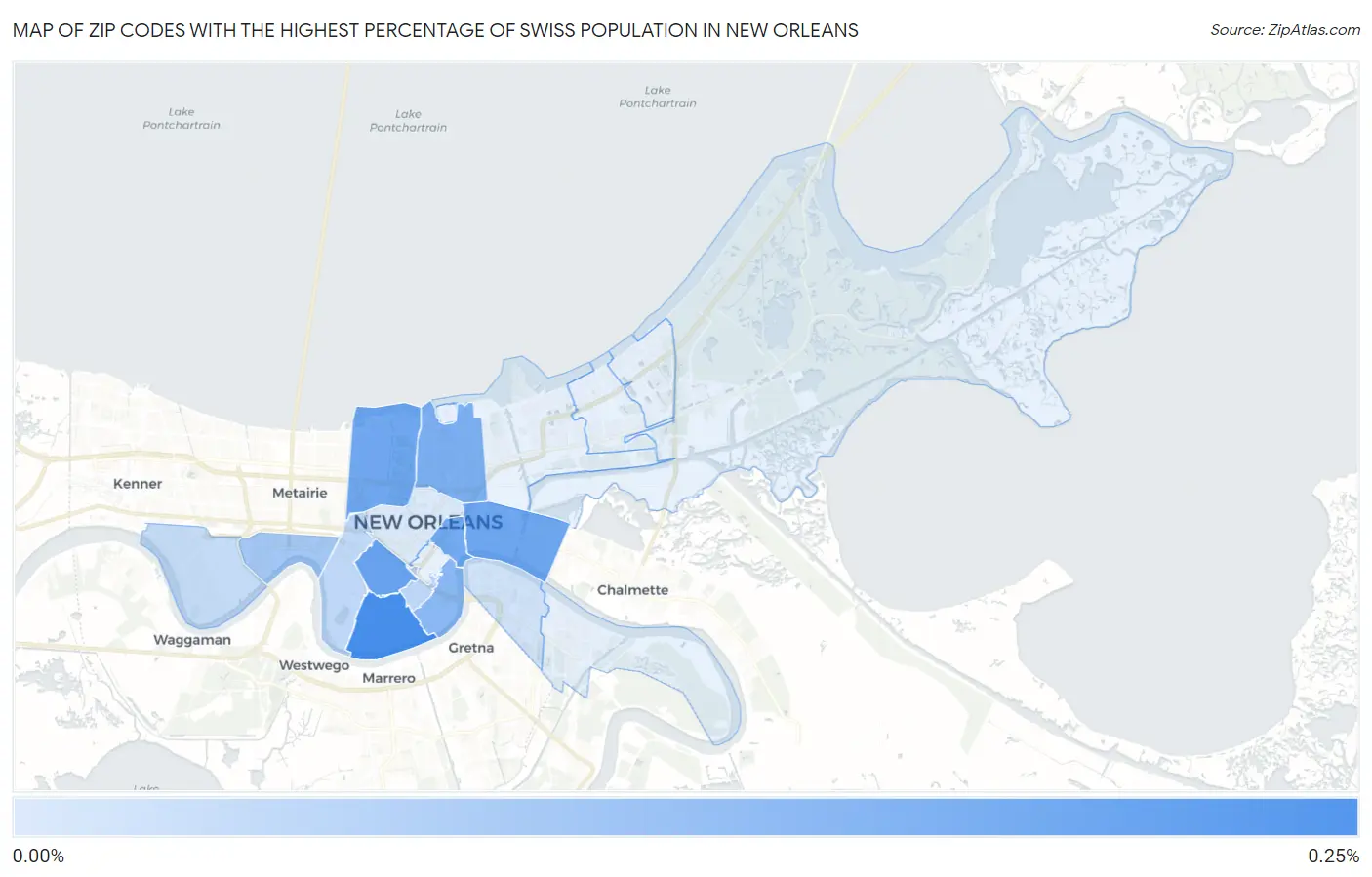 Zip Codes with the Highest Percentage of Swiss Population in New Orleans Map
