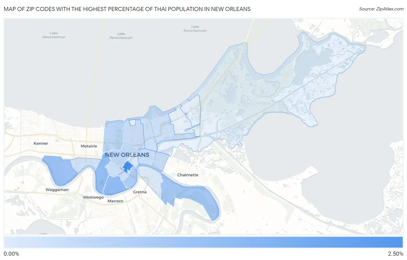 Zip Codes with the Highest Percentage of Thai Population in New Orleans Map