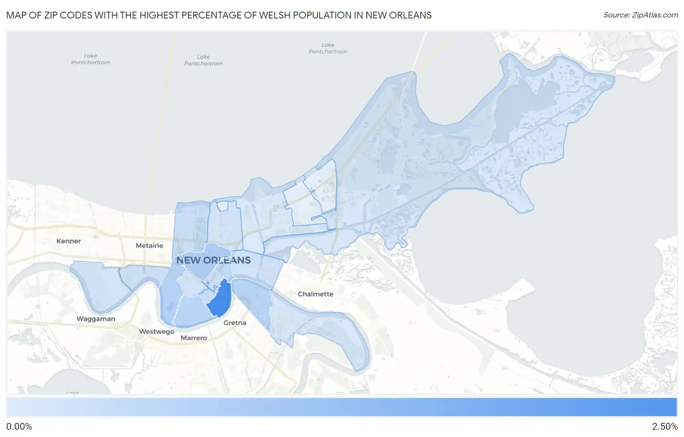 Zip Codes with the Highest Percentage of Welsh Population in New Orleans Map