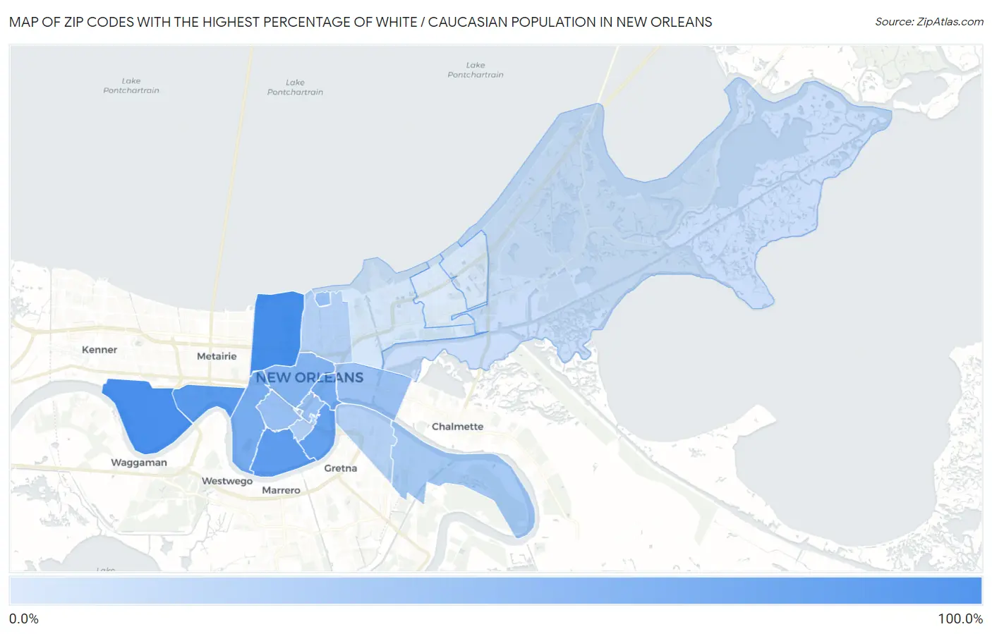 Zip Codes with the Highest Percentage of White / Caucasian Population in New Orleans Map