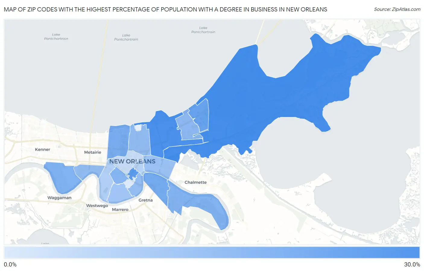 Zip Codes with the Highest Percentage of Population with a Degree in Business in New Orleans Map