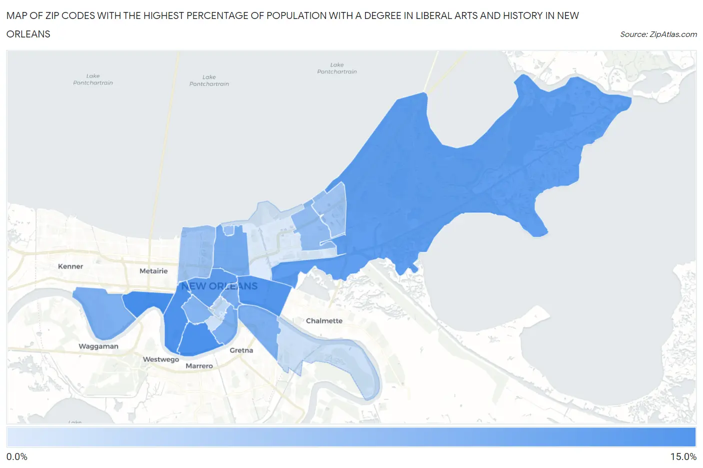 Zip Codes with the Highest Percentage of Population with a Degree in Liberal Arts and History in New Orleans Map