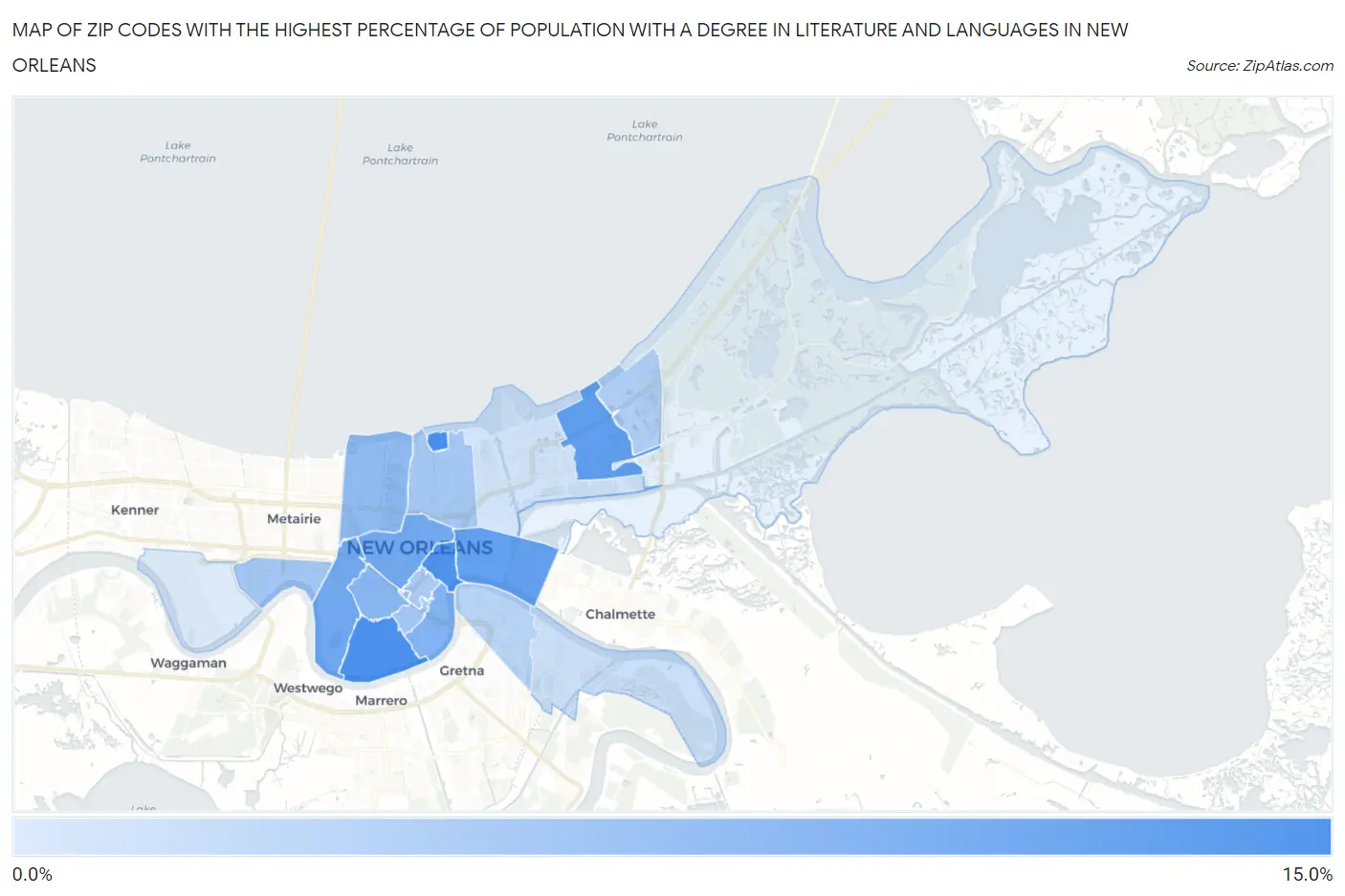 Zip Codes with the Highest Percentage of Population with a Degree in Literature and Languages in New Orleans Map
