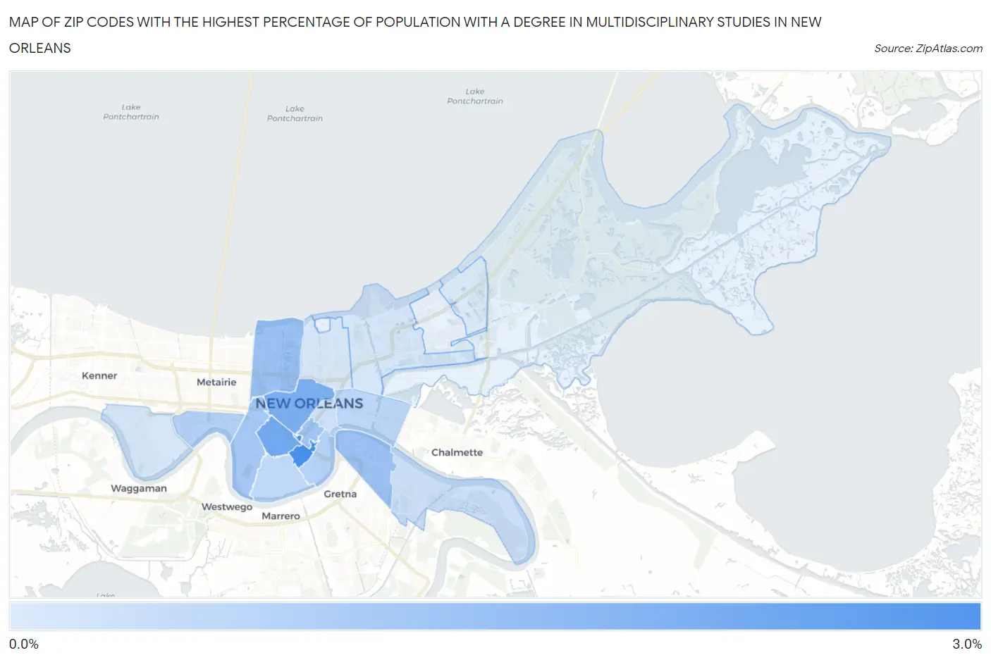 Zip Codes with the Highest Percentage of Population with a Degree in Multidisciplinary Studies in New Orleans Map