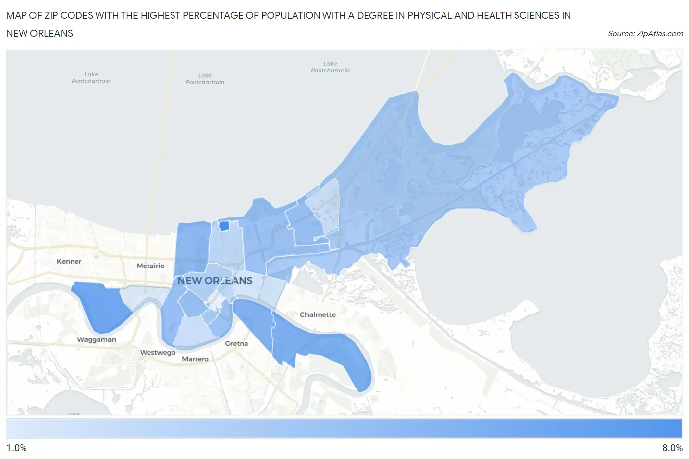 Zip Codes with the Highest Percentage of Population with a Degree in Physical and Health Sciences in New Orleans Map