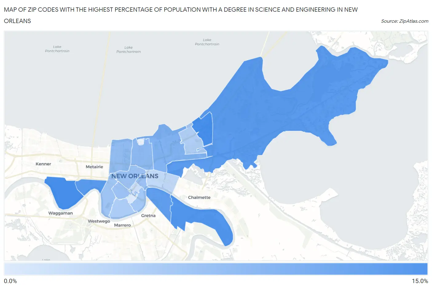 Zip Codes with the Highest Percentage of Population with a Degree in Science and Engineering in New Orleans Map