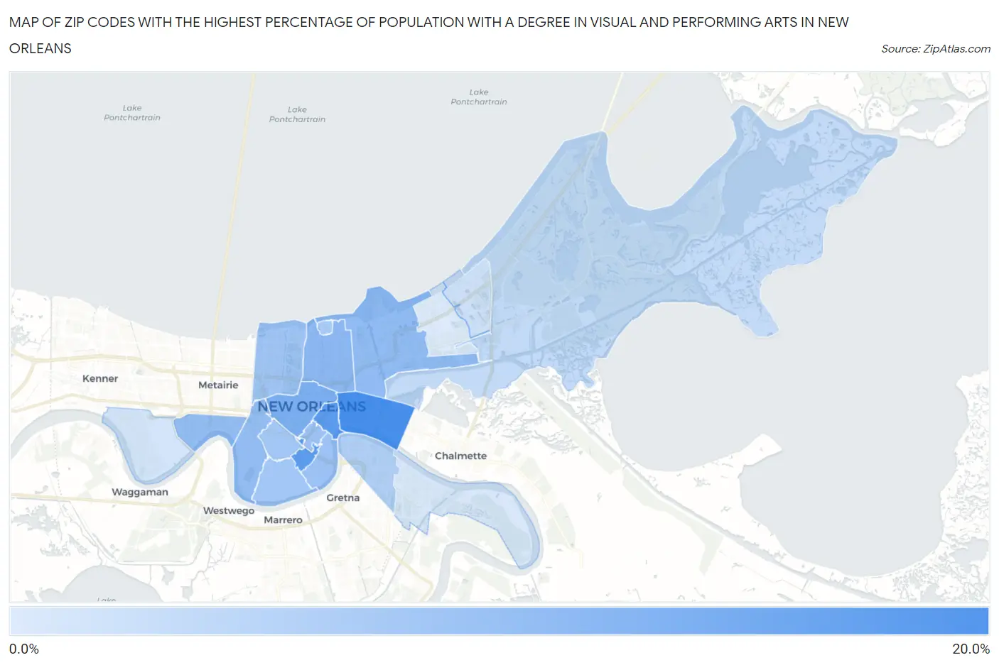 Zip Codes with the Highest Percentage of Population with a Degree in Visual and Performing Arts in New Orleans Map