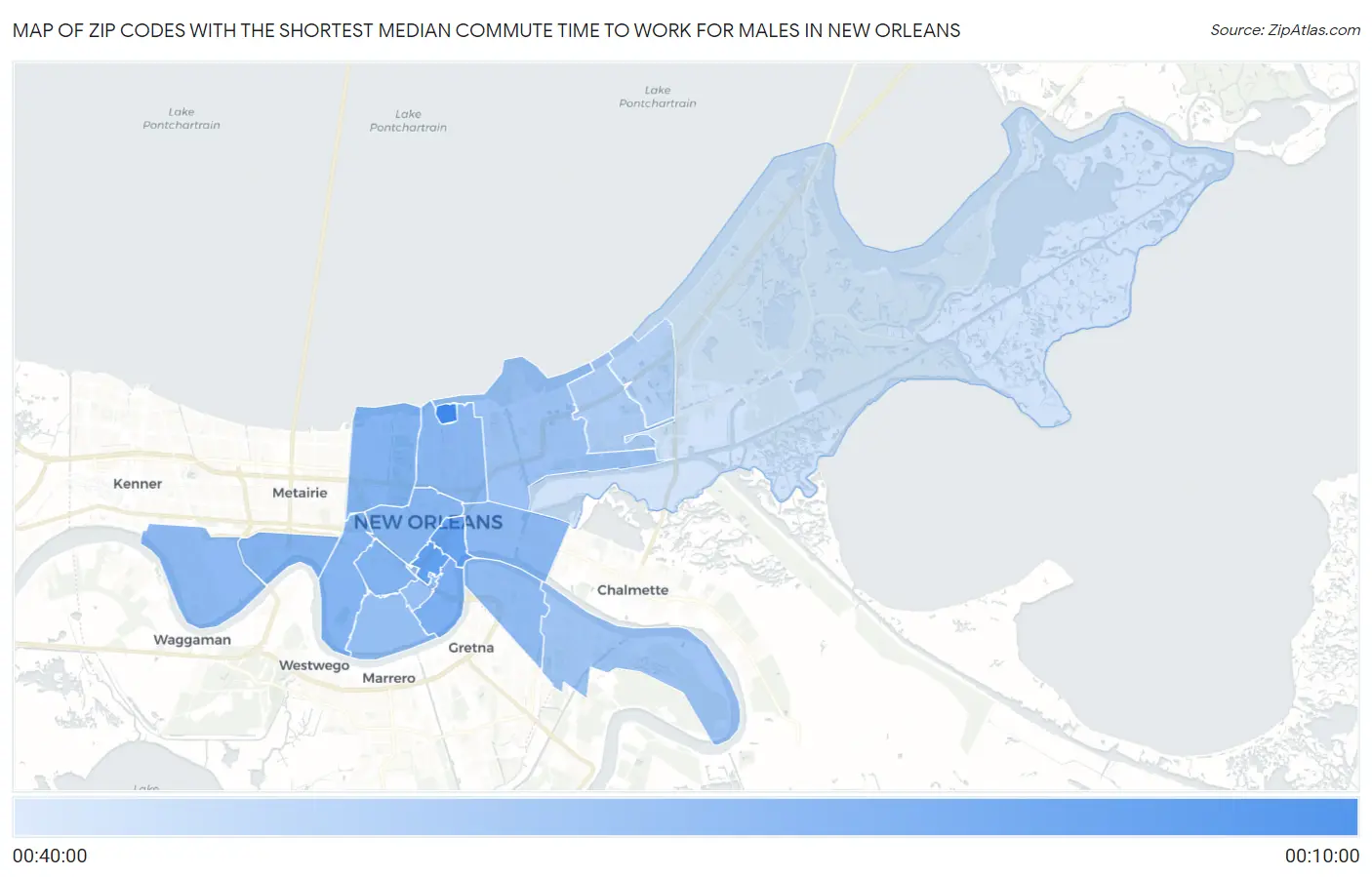 Zip Codes with the Shortest Median Commute Time to Work for Males in New Orleans Map