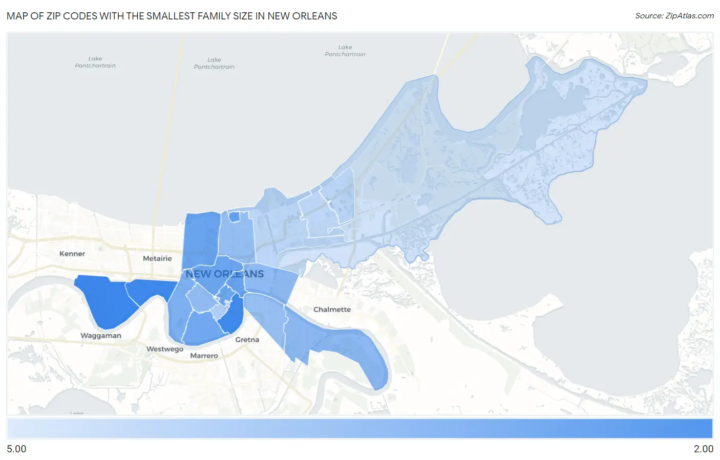 Zip Codes with the Smallest Family Size in New Orleans Map