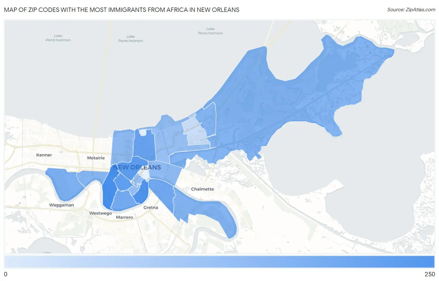 Zip Codes with the Most Immigrants from Africa in New Orleans Map
