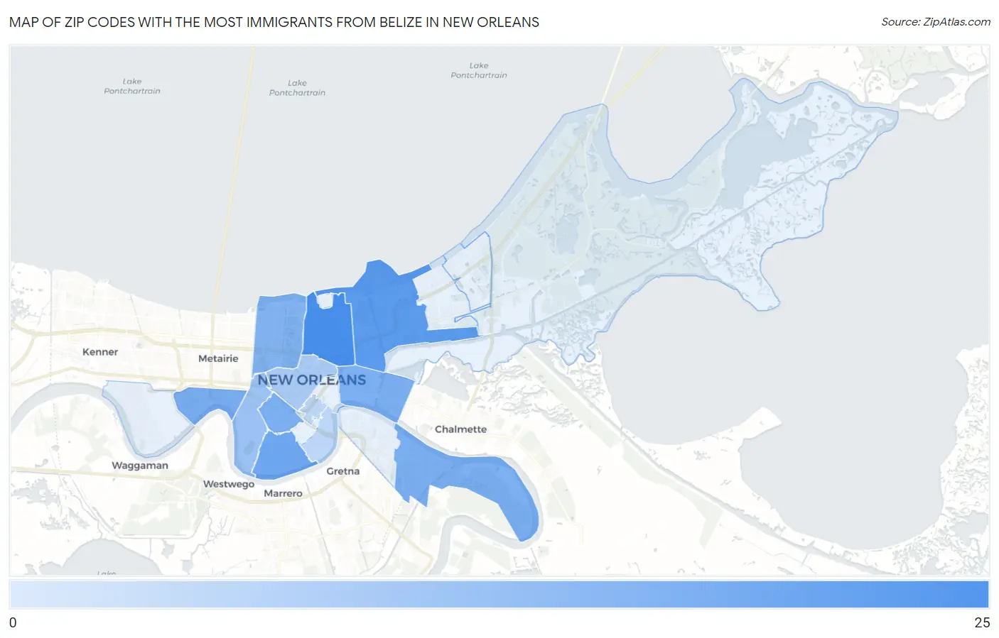 Zip Codes with the Most Immigrants from Belize in New Orleans Map