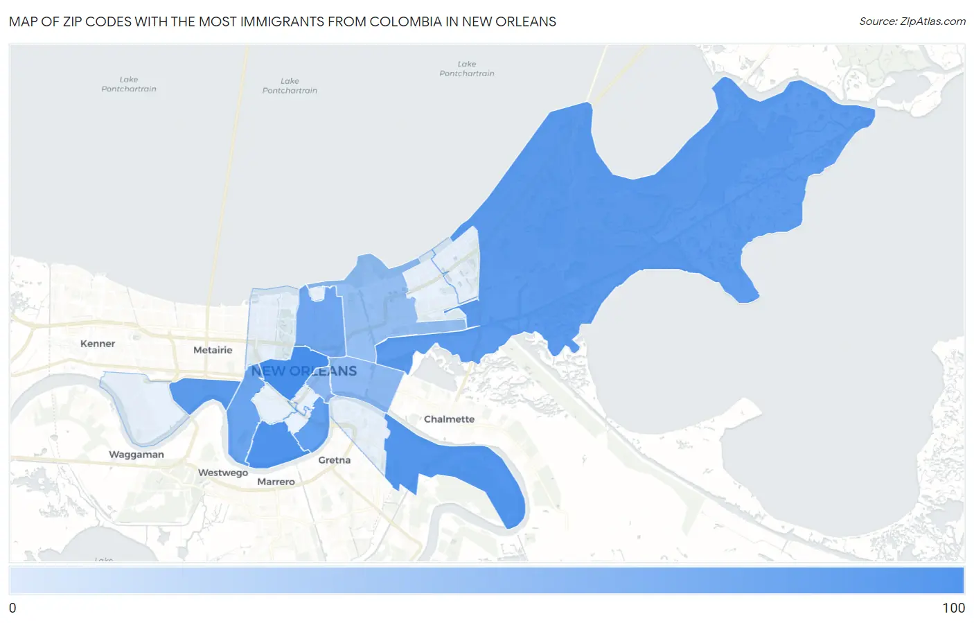 Zip Codes with the Most Immigrants from Colombia in New Orleans Map