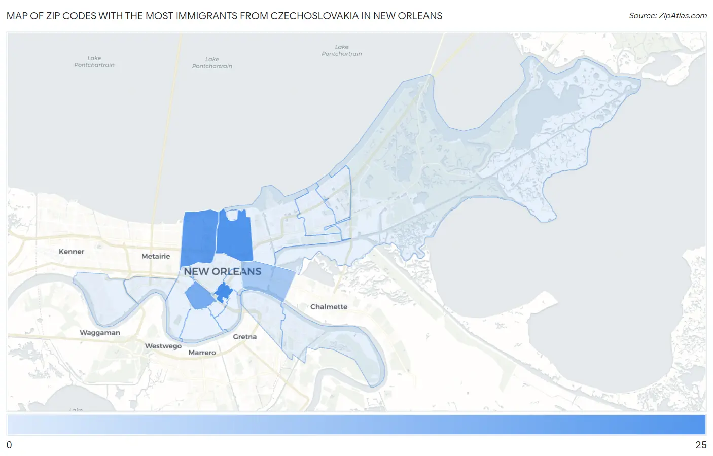 Zip Codes with the Most Immigrants from Czechoslovakia in New Orleans Map