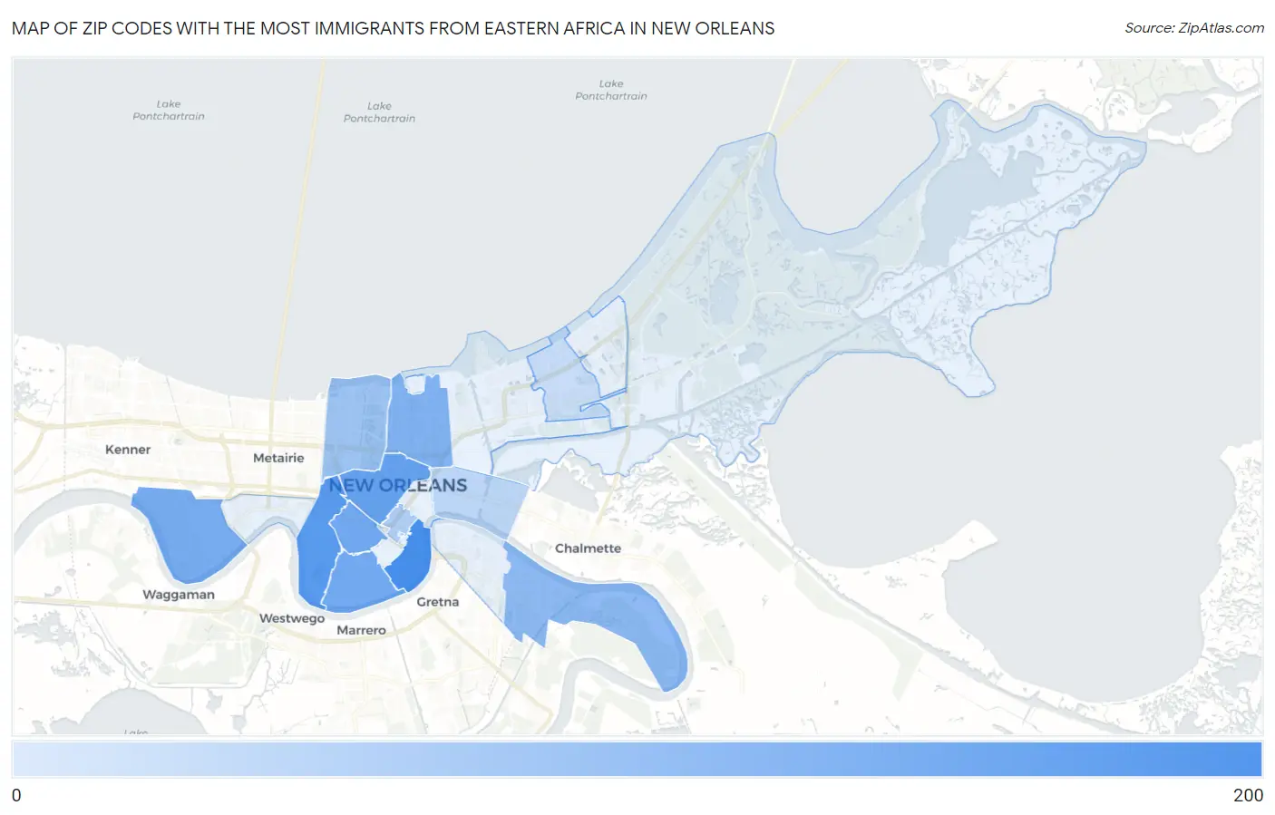 Zip Codes with the Most Immigrants from Eastern Africa in New Orleans Map
