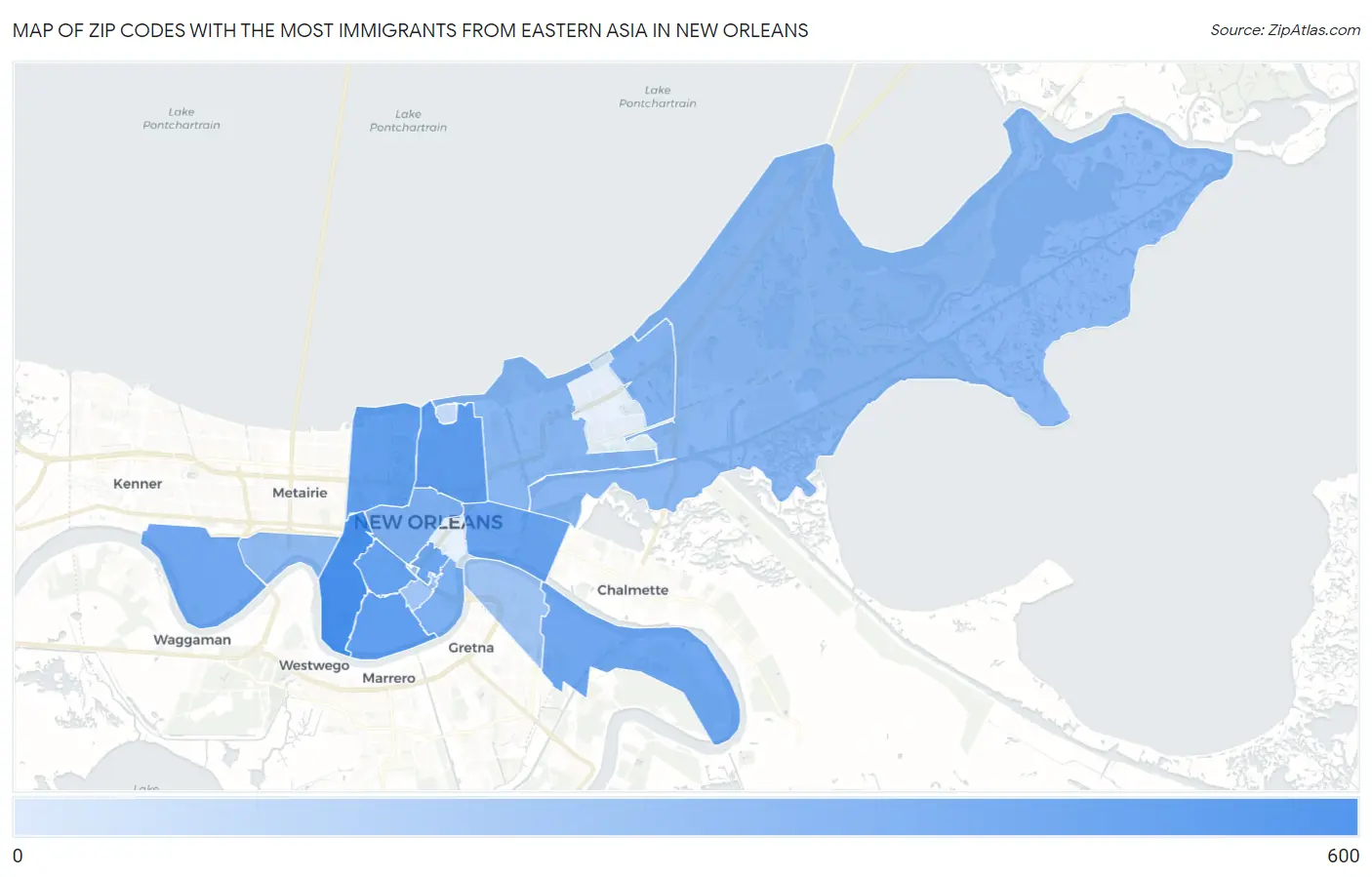 Zip Codes with the Most Immigrants from Eastern Asia in New Orleans Map