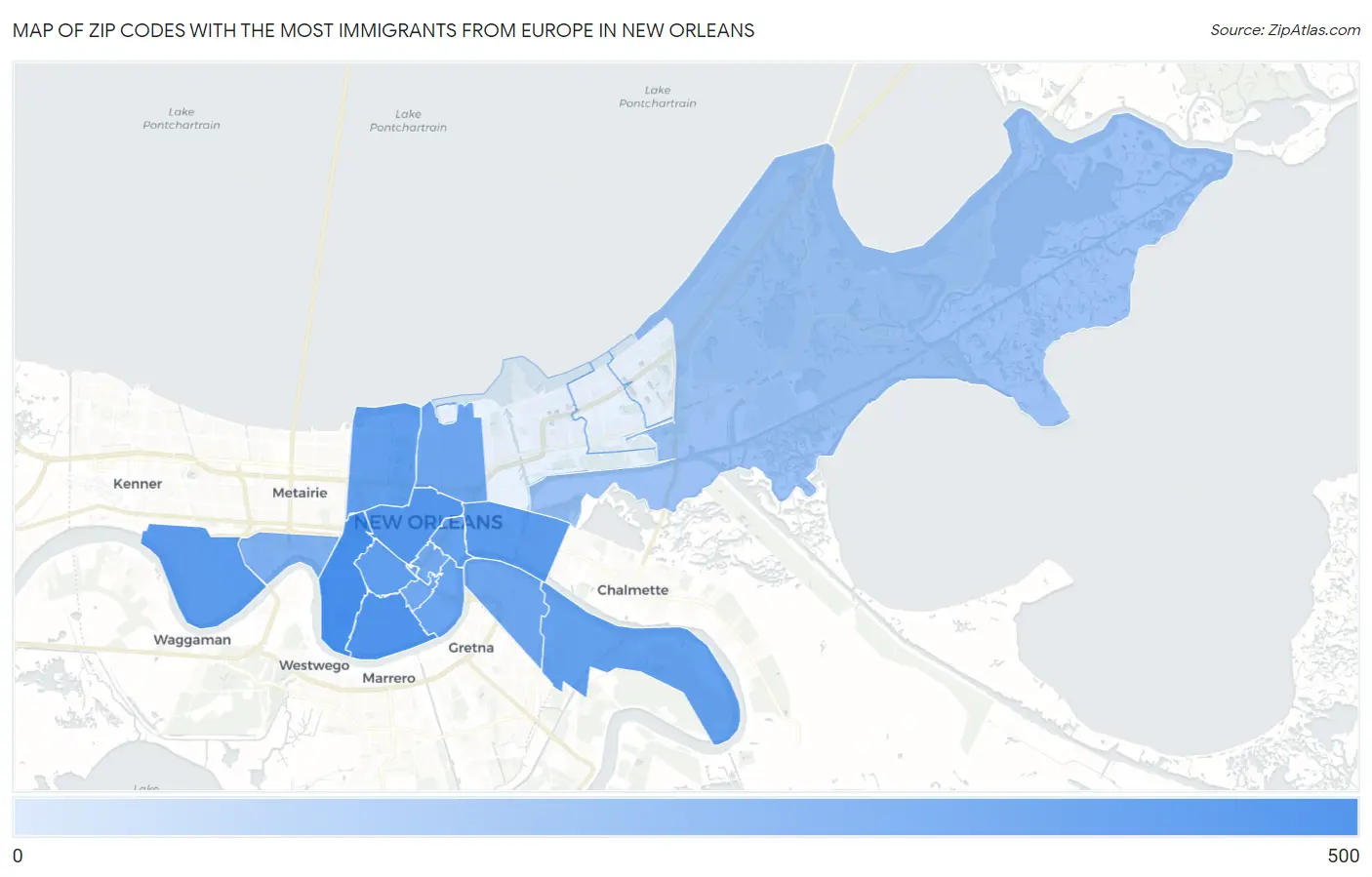Zip Codes with the Most Immigrants from Europe in New Orleans Map