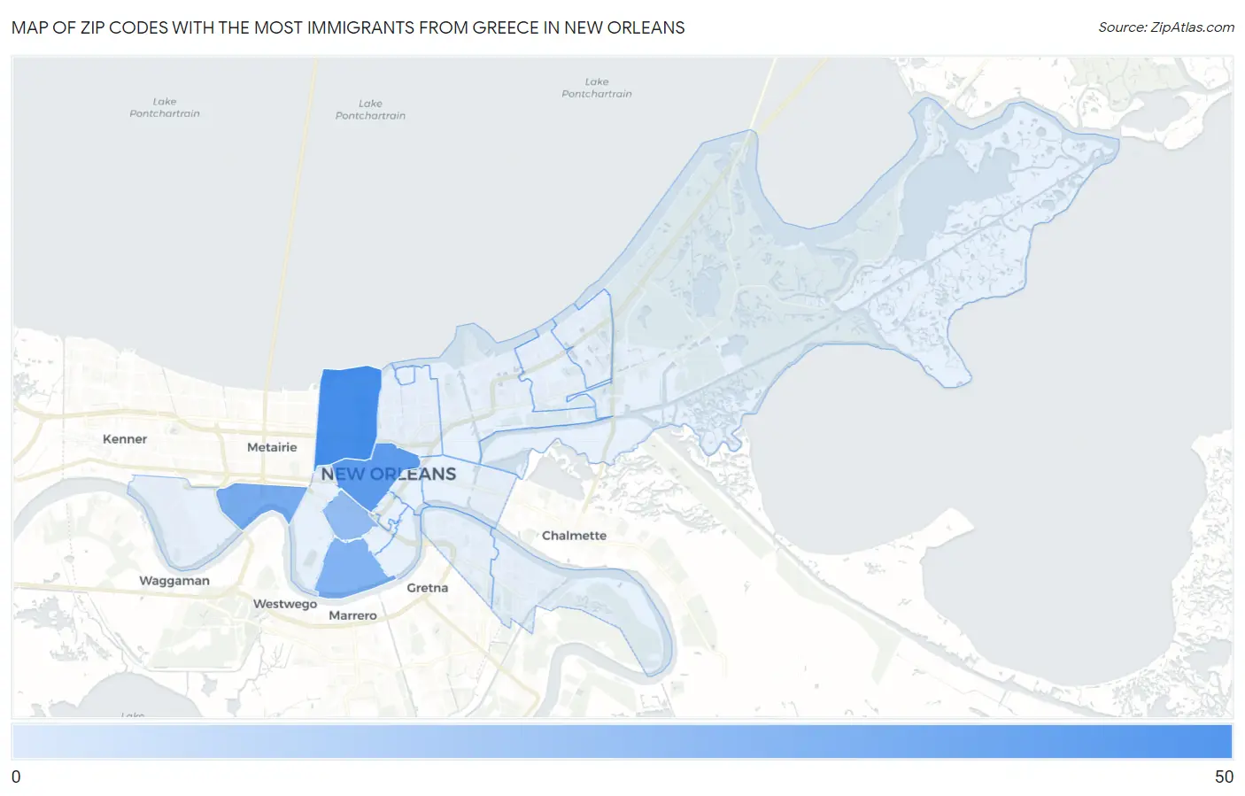 Zip Codes with the Most Immigrants from Greece in New Orleans Map