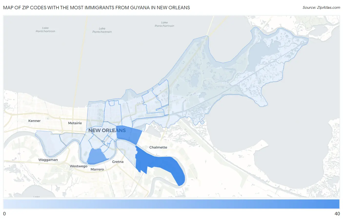 Zip Codes with the Most Immigrants from Guyana in New Orleans Map