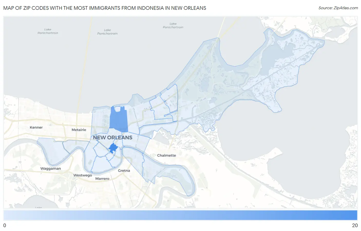 Zip Codes with the Most Immigrants from Indonesia in New Orleans Map