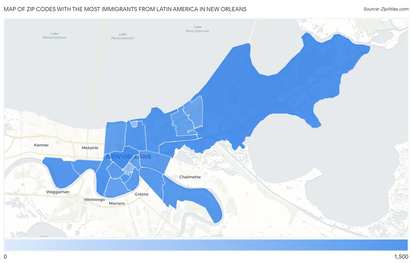 Zip Codes with the Most Immigrants from Latin America in New Orleans Map