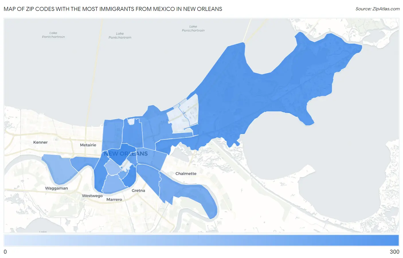 Zip Codes with the Most Immigrants from Mexico in New Orleans Map