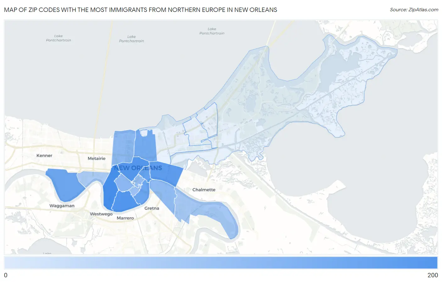 Zip Codes with the Most Immigrants from Northern Europe in New Orleans Map