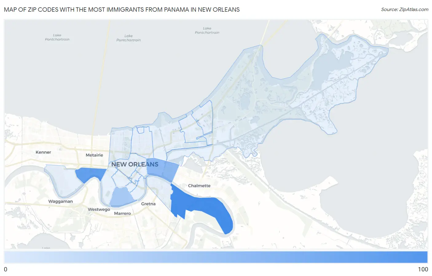 Zip Codes with the Most Immigrants from Panama in New Orleans Map
