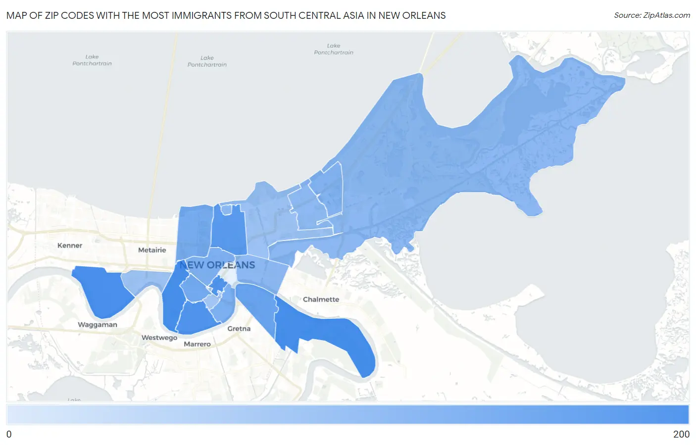 Zip Codes with the Most Immigrants from South Central Asia in New Orleans Map