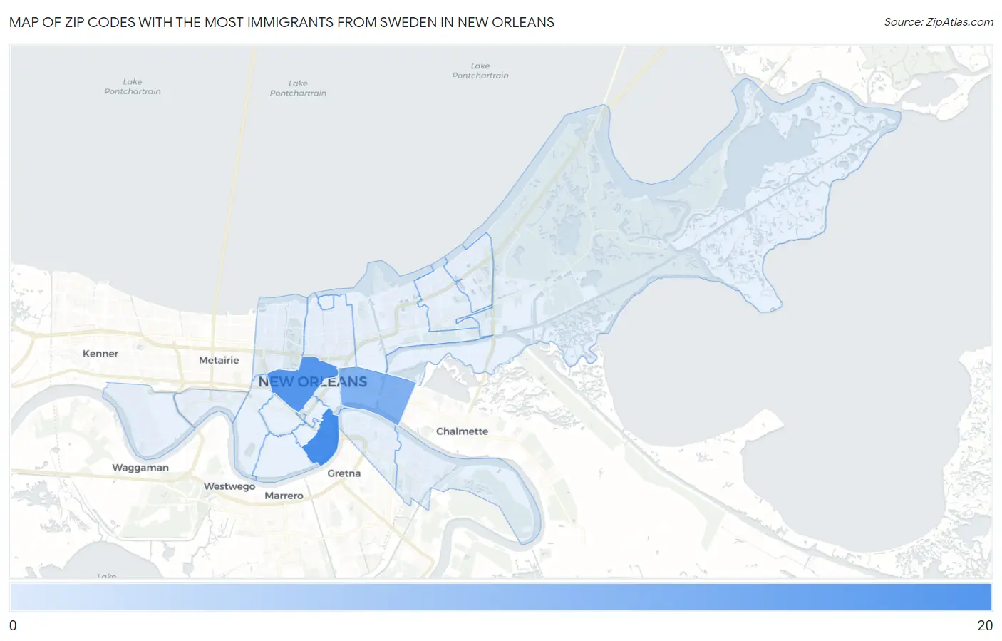 Zip Codes with the Most Immigrants from Sweden in New Orleans Map