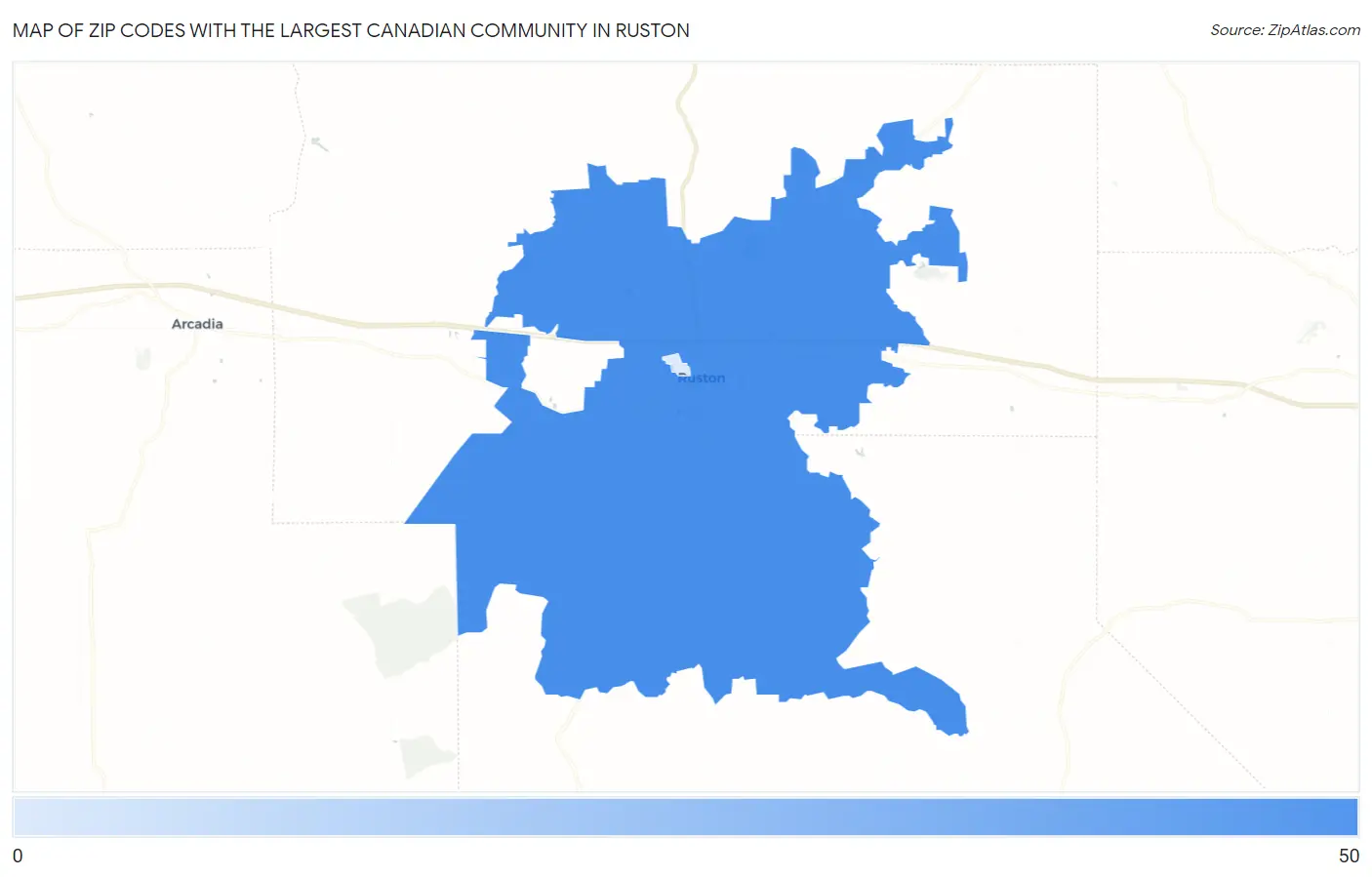 Zip Codes with the Largest Canadian Community in Ruston Map