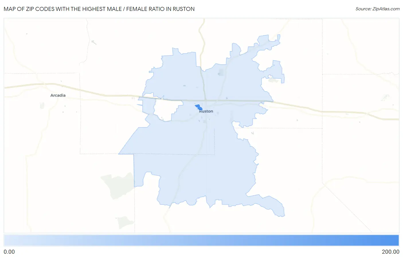 Zip Codes with the Highest Male / Female Ratio in Ruston Map