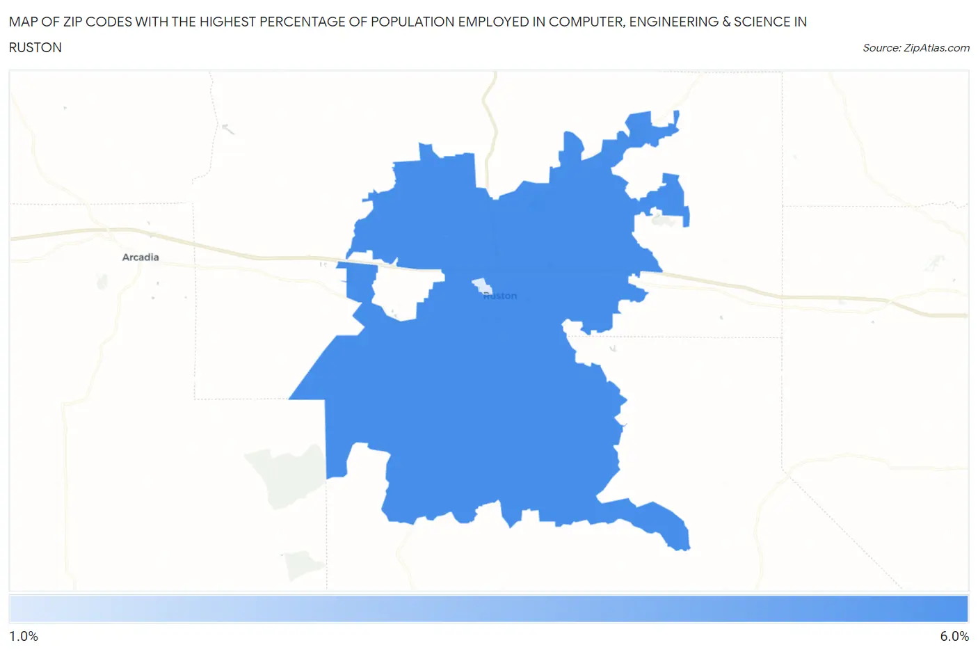 Zip Codes with the Highest Percentage of Population Employed in Computer, Engineering & Science in Ruston Map
