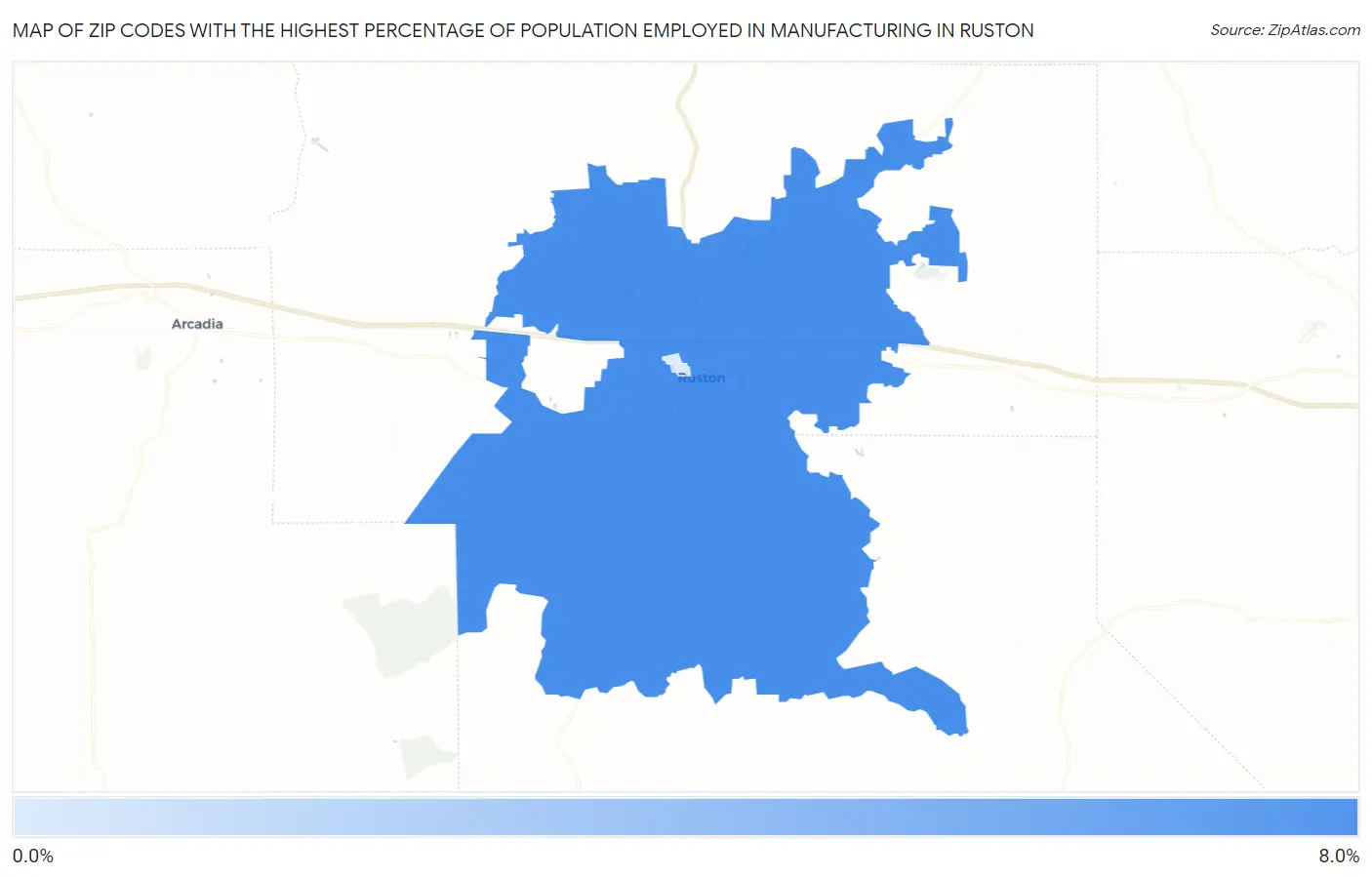 Zip Codes with the Highest Percentage of Population Employed in Manufacturing in Ruston Map