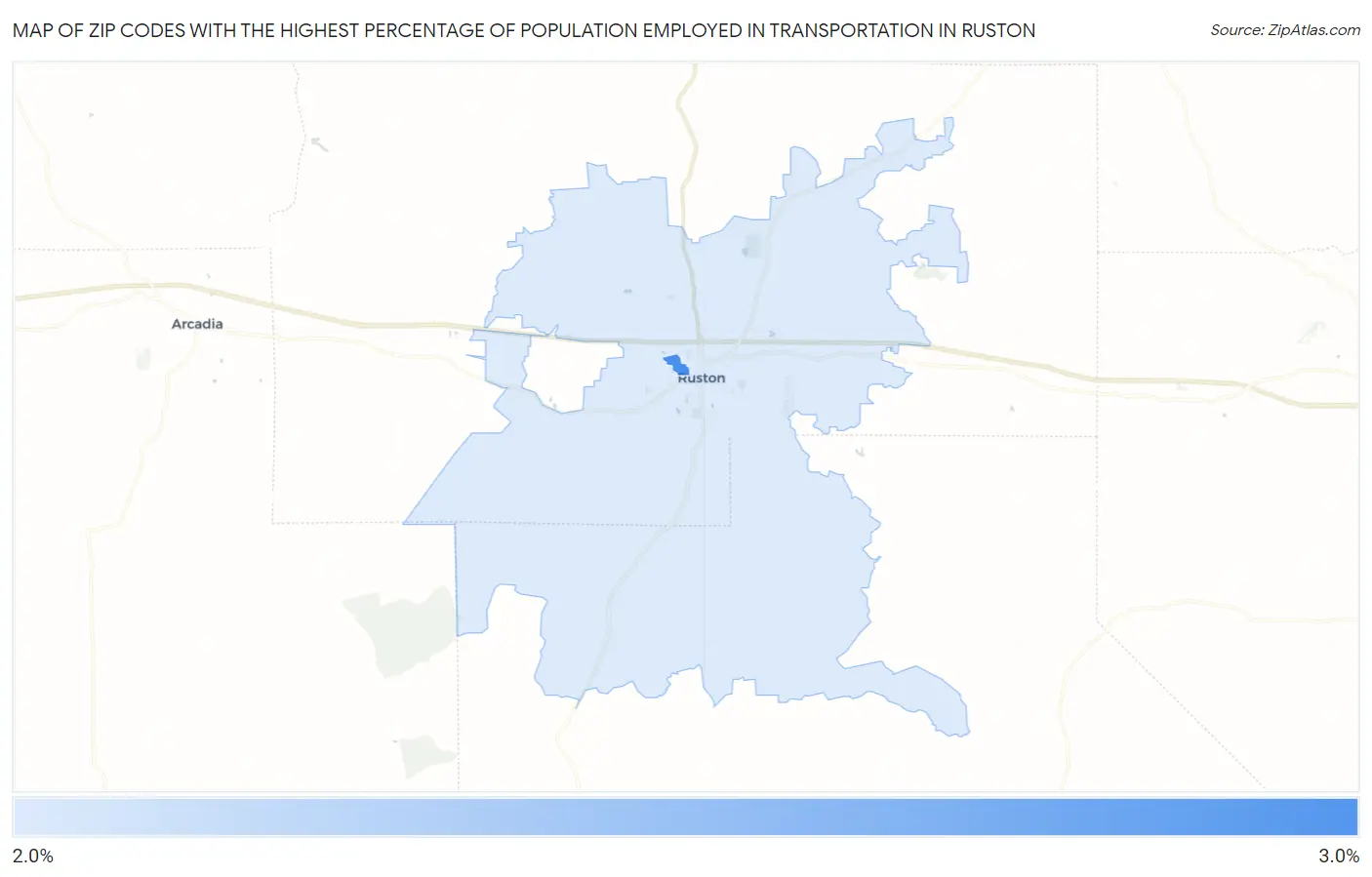 Zip Codes with the Highest Percentage of Population Employed in Transportation in Ruston Map