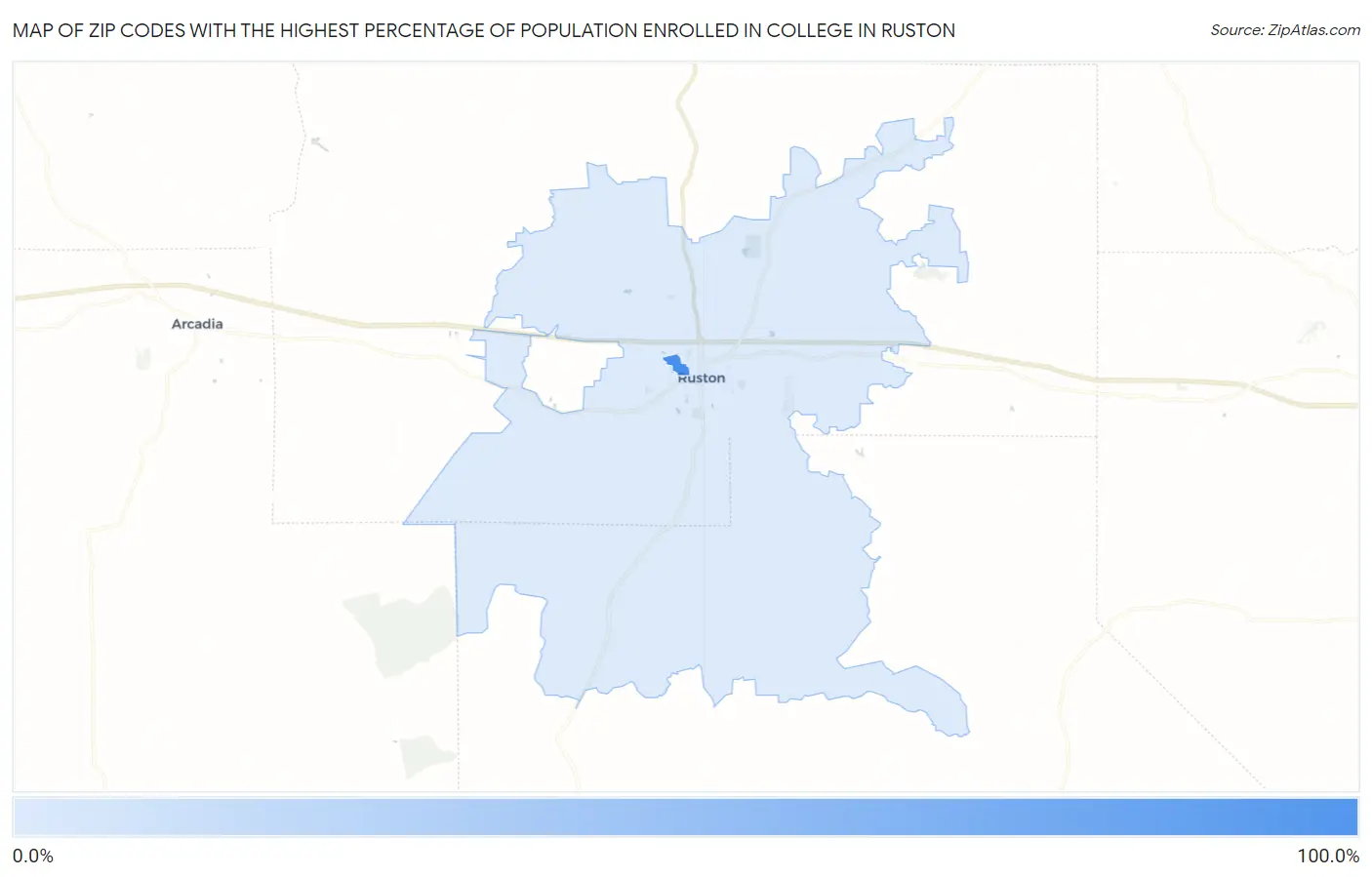 Zip Codes with the Highest Percentage of Population Enrolled in College in Ruston Map
