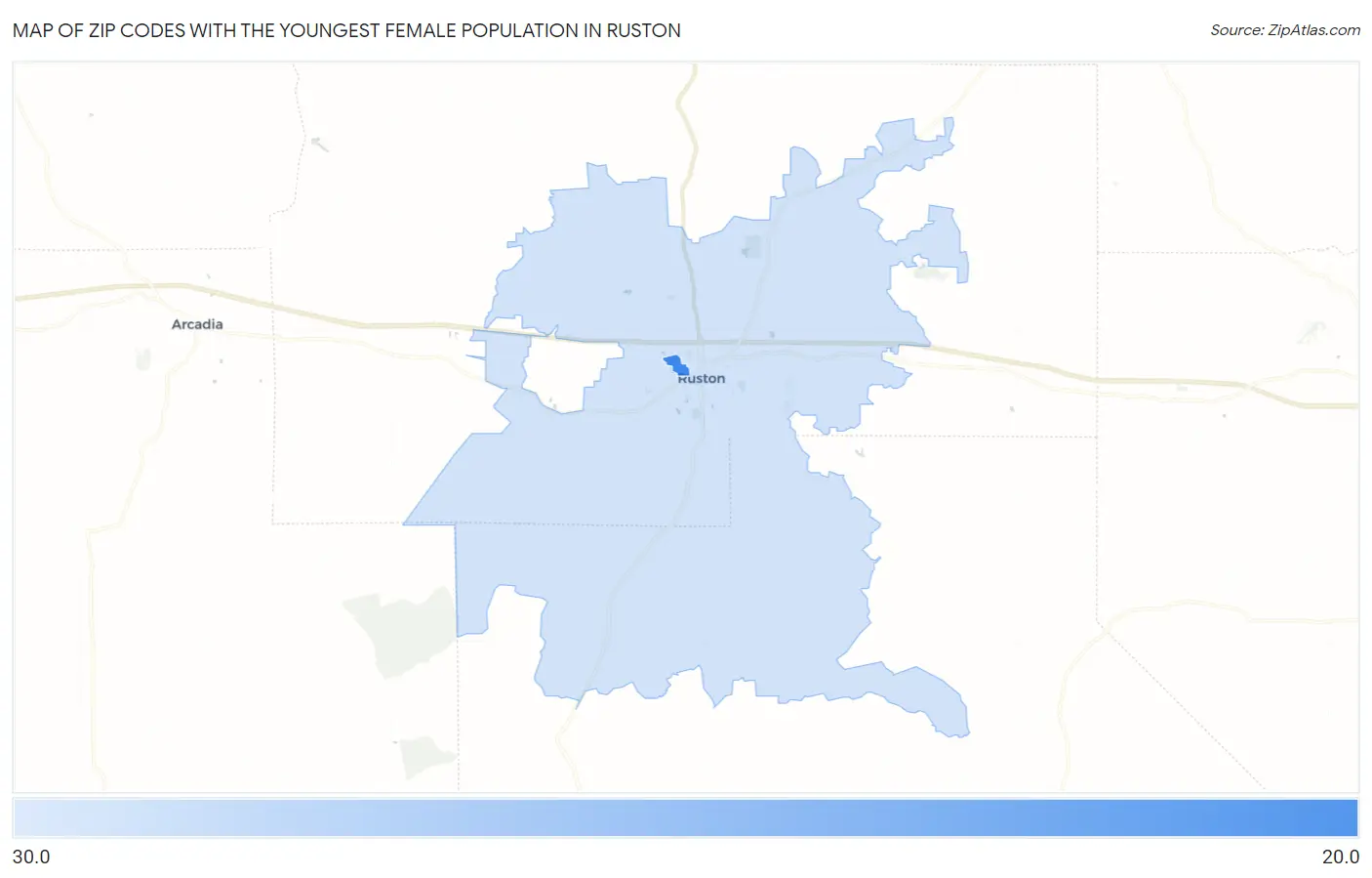 Zip Codes with the Youngest Female Population in Ruston Map